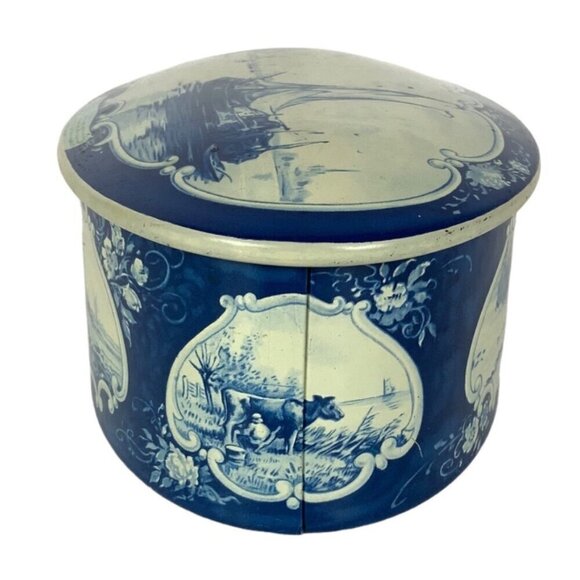 Vintage Droste Haarlem Holland Empty Tin Container Oval Blue White Designs - Picture 3 of 8
